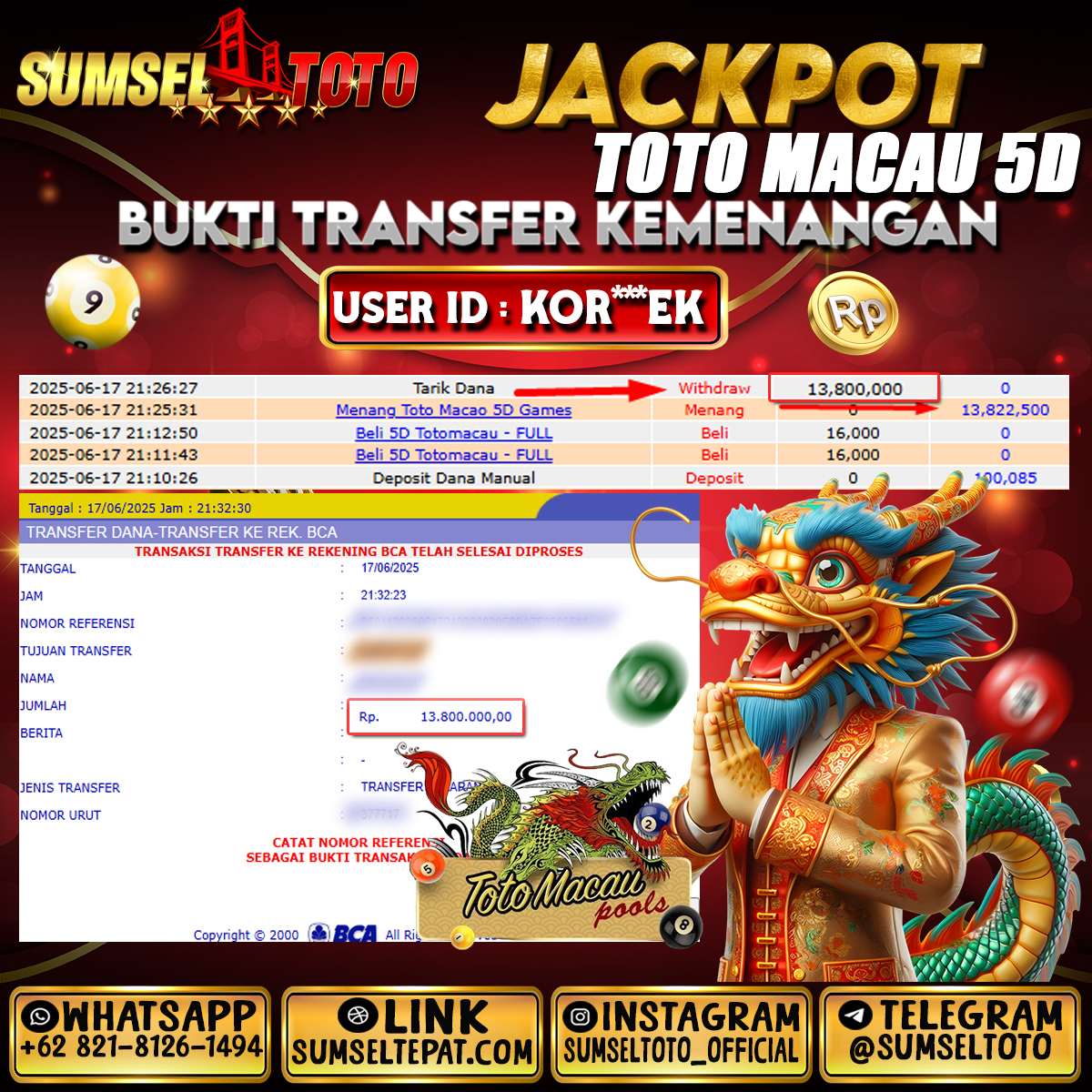 SUMSELTOTO JACKPOT TOTOMACAU 5D Rp.13,800,000.,- LUNAS